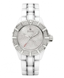 Dazzling and memorable, this Mirador collection watch by Bulova Accutron is in a class by itself. White ceramic and stainless steel bracelet and round case with curved sapphire crystal. Rotating bezel and mother-of-pearl dial embellished with 552 hand-set diamond accents. Dial also features luminous hands and logo. Swiss quartz movement. Water resistant to 50 meters. Five-year warranty. Dazzling and memorable, this Mirador collection watch by Bulova Accutron is in a class by itself. White ceramic and stainless steel bracelet and round case with curved sapphire crystal. Rotating bezel and mother-of-pearl dial embellished with 552 hand-set diamond accents. Dial also features luminous hands and logo. Swiss quartz movement. Water resistant to 50 meters. Five-year warranty.