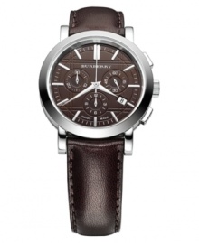 This Burberry timepiece features a chocolate brown leather strap and round stainless steel case. Chocolate brown chronograph engraved dial with silvertone stick indices, logo, date window and three subdials. Swiss made. Swiss movement. Water resistant to 50 meters. Two-year limited warranty. Style #BU1383 This Burberry timepiece features a chocolate brown leather strap and round stainless steel case. Chocolate brown chronograph engraved dial with silvertone stick indices, logo, date window and three subdials. Swiss made. Swiss movement. Water resistant to 50 meters. Two-year limited warranty. Style #BU1383