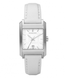 This Burberry timepiece features a white leather strap and rectangular stainless steel case. Silver tone checked dial features stick indices, minute track, date window at six o'clock, three hands and logo. Quartz movement. Water resistant to 50 meters. Two-year limited warranty.