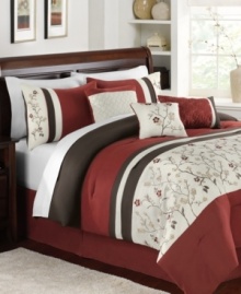 Blossoming beauty. This Cherry Blossom comforter set features a landscape of dainty buds accented by broad bands of color and embroidered details for added dimension. Decorative pillows, shams and bedskirt draw in coordinating colors and designs.