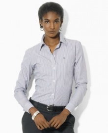 Lauren by Ralph Lauren's chic, ultra-feminine Aaron shirt is smartly tailored in crisp, wrinkle-free cotton poplin for easy wear. Lauren by Ralph Lauren's chic, ultra-feminine Aaron shirt is smartly tailored in crisp, wrinkle-free cotton poplin for easy wear.
