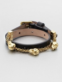 This double wrap style features a chic contrast between supple leather and signature goldtone skulls on a link chain. LeatherGoldtone brassLength, about 16Buckle closureMade in Italy This double wrap style features a chic contrast between supple leather and signature goldtone skulls on a link chain. LeatherGoldtone brassLength, about 16Buckle closureMade in Italy