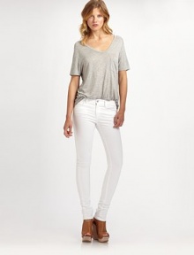Ultra-skinny stretch denim hugs your curves like a second skin.THE FITSlim fitRise, about 8Inseam, about 34THE DETAILSZip flyFive-pocket style93% cotton/6% polyester/1% LycraMachine washMade in USA of imported fabric Ultra-skinny stretch denim hugs your curves like a second skin.THE FITSlim fitRise, about 8Inseam, about 34THE DETAILSZip flyFive-pocket style93% cotton/6% polyester/1% LycraMachine washMade in USA of imported fabric