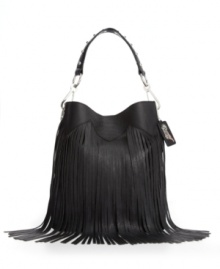 A little fringe goes a long way on this eye-catching Carlos by Carlos Santana bag. A studded handle and shiny silvertone hardware perfectly complete this rocker-chic design. A little fringe goes a long way on this eye-catching Carlos by Carlos Santana bag. A studded handle and shiny silvertone hardware perfectly complete this rocker-chic design.