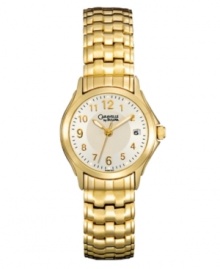 A classic choice for timelessness. Watch by Caravelle by Bulova crafted of gold tone stainless steel bracelet and round case. Silver tone dial features applied gold tone numerals, black minute track, date window at three o'clock, luminous hands and logo. Quartz movement. Water resistant to 30 meters. Two-year limited warranty. A classic choice for timelessness. Watch by Caravelle by Bulova crafted of gold tone stainless steel bracelet and round case. Silver tone dial features applied gold tone numerals, black minute track, date window at three o'clock, luminous hands and logo. Quartz movement. Water resistant to 30 meters. Two-year limited warranty.