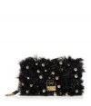 Crafted in luxe satin with tactile tinsel and fantastically fun jingle bell embellishment, Anya Hindmarchs coal clutch is a chic and characteristically quirky way to bring the texture trend into your evening look - Flap with enamel logo push-lock, removable chain detailed wrist strap, bits & bobs labeled back wall zip pocket, three front wall cards slots, black leather interior - Wear as a statement piece with simple cocktail sheaths and sleek heels