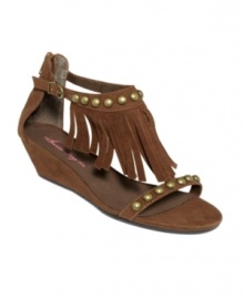 Fringe benefits. Add some movement and decorated fringe with American Rag's Cherie demi wedge sandals. Fringe benefits. Add some movement and decorated fringe with American Rag's Cherie demi wedge sandals.