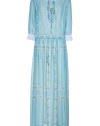 Chic maxi dress in slightly sheer, pale blue cotton - Romantic and feminine, a perfect mix of sexy and sweet - Fine, lightweight fabric falls beautifully - Paisley and floral motif, side slits - Tunic cut, with gathered waist, 3/4 sleeves and tie neck - The detail we love: white cotton lace trim at cuffs and collar - Style with a wide belt or layer over leggings and pair with sandals