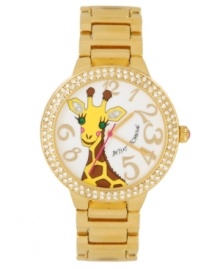 Betsey Johnson has stuck her neck out to make the most unique and delightful timepiece. Crafted of gold tone mixed metal bracelet and round case. Bezel embellished with crystal accents. White dial features giraffe with four crystal accents, gold tone applied numerals, luminous hour and minute hands, signature fuchsia second hand and logo. Quartz movement. Water resistant to 30 meters. Two-year limited warranty. Betsey Johnson has stuck her neck out to make the most unique and delightful timepiece. Crafted of gold tone mixed metal bracelet and round case. Bezel embellished with crystal accents. White dial features giraffe with four crystal accents, gold tone applied numerals, luminous hour and minute hands, signature fuchsia second hand and logo. Quartz movement. Water resistant to 30 meters. Two-year limited warranty.