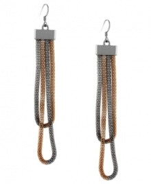 Colorblock chic. BCBGeneration's loop chain earrings feature a textured, linear design in rose gold, gold and silver-plated mixed metal. Secured with a matching ear wire backing. Approximate drop: 4 inches. Colorblock chic. BCBGeneration's loop chain earrings feature a textured, linear design in rose gold, gold and silver-plated mixed metal. Secured with a matching ear wire backing. Approximate drop: 4 inches.
