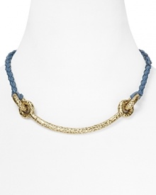 Mixed materials make a strong statement on this collar necklace from Giles & Brother. It's braided leather lends an artisan edge, while a pair of gleaming knots make a subtle nod to nautical style. Mixed materials make a strong statement on this collar necklace from Giles & Brother. It's braided leather lends an artisan edge, while a pair of gleaming knots make a subtle nod to nautical style.