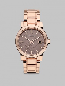 A signature check stamped design with automatic movement in stainless steel link bracelet.Quartz movementRound bezelWater resistant to 5ATMDate display at 3 o'clockSecond handStainless steel case: 38mm(1.50)Stainless steel link braceletImported A signature check stamped design with automatic movement in stainless steel link bracelet.Quartz movementRound bezelWater resistant to 5ATMDate display at 3 o'clockSecond handStainless steel case: 38mm(1.50)Stainless steel link braceletImported