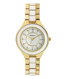 Light up your look with this luminous watch by Style&co. White and gold tone mixed metal bracelet and round gold tone case with black bezel. Glossy white dial features applied gold tone numerals, minute track, three hands and logo. Quartz movement. Splash resistant. Two-year limited warranty. Light up your look with this luminous watch by Style&co. White and gold tone mixed metal bracelet and round gold tone case with black bezel. Glossy white dial features applied gold tone numerals, minute track, three hands and logo. Quartz movement. Splash resistant. Two-year limited warranty.