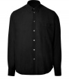 Stylish, black cotton button-down - Classic straight cut with contrasting collar buttons - Longer back than front - Features button detail on upper sleeves - Elegant enough for the office but easily dressed down when paired with jeans and boots