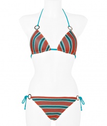Make an eye-catching statement at the beach in Missonis bright aquamarine and sunset striped bikini, finished with modern ring hardware for a contemporary-chic twist - Self-tie turquoise string halter strap, hooked back - Self-tie side strings on bottom - Comes with a matching drawstring pouch - Wear with studded sandals and oversized statement totes Make an eye-catching statement at the beach in Missonis bright aquamarine and sunset striped bikini, finished with modern ring hardware for a contemporary-chic twist - Self-tie turquoise string halter strap, hooked back - Self-tie side strings on bottom - Comes with a matching drawstring pouch - Wear with studded sandals and oversized statement totes