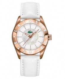 Elite appeal. This gorgeous Lacoste watch features a white leather strap and round rose goldtone stainless steel case. Logo etched at bezel. White mother-of-pearl dial with crystal accents at indices and logo. Quartz movement. Water resistant to 30 meters. Two-year limited warranty. Elite appeal. This gorgeous Lacoste watch features a white leather strap and round rose goldtone stainless steel case. Logo etched at bezel. White mother-of-pearl dial with crystal accents at indices and logo. Quartz movement. Water resistant to 30 meters. Two-year limited warranty.