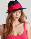 Make a statement in Juicy Couture's woven straw fedora featuring a wide grosgrain ribbon band with vibrant printed edges.