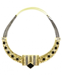 Dazzling and daring at once. RACHEL Rachel Roy's collar necklace is crafted from gold-tone and silver-ox-tone mixed metal with jet enamel adding a bold touch. Glass stones bring the sparkle. Approximate length: 15 inches. Approximate drop: 1-1/2 inches. Dazzling and daring at once. RACHEL Rachel Roy's collar necklace is crafted from gold-tone and silver-ox-tone mixed metal with jet enamel adding a bold touch. Glass stones bring the sparkle. Approximate length: 15 inches. Approximate drop: 1-1/2 inches.