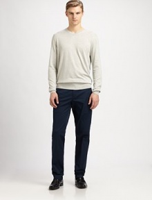A hint of stretch lends a comfortable, flattering fit to this classic cotton style.Zip fly with button closureBelt loopsSide slash pocketsBack button welt pocketsInseam, about 36Cotton/elastaneMachine washImported A hint of stretch lends a comfortable, flattering fit to this classic cotton style.Zip fly with button closureBelt loopsSide slash pocketsBack button welt pocketsInseam, about 36Cotton/elastaneMachine washImported