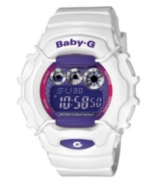 Up your game with this tough but chic sports watch, by Baby-G. Crafted of white resin strap and round case. Blue logo at bezel. Blue and purple shock-resistant, digital negative display dial features EL backlight, world time, four daily alarms and snooze option, stopwatch, countdown timer and 12/24-hour formats. Quartz movement. Water resistant to 100 meters. One-year limited warranty.