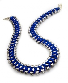 Futuristic fashion, by Bar III. Wrapped in colorful blue chiffon, this golden necklace makes a scene with crystal sparkle. Crafted in rhodium-plated gold tone mixed metal. Approximate length: 21 inches + 2-inch extender. Futuristic fashion, by Bar III. Wrapped in colorful blue chiffon, this golden necklace makes a scene with crystal sparkle. Crafted in rhodium-plated gold tone mixed metal. Approximate length: 21 inches + 2-inch extender.