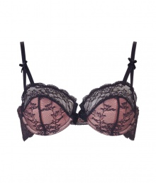 Get the sultry glamorous look of a vintage 1950s pin up girl in Von Follies by Dita Von Teeses black and peach-pink stretch lace and fishnet balconette bra - Underwire style with wired sides, structured cups with lightly padded half-cups, scalloped sheer black stretch lace trim on cups, triangle-detailed adjustable satin straps with silver-toned hardware, fishnet sides with sheer ruffled trim, iconic soft elastic triangle cross back detail, adjustable silver-toned back hook-and-eye closures - Wear with the matching briefs for a seriously seductive look Get the sultry glamorous look of a vintage 1950s pin up girl in Von Follies by Dita Von Teeses black and peach-pink stretch lace and fishnet balconette bra - Underwire style with wired sides, structured cups with lightly padded half-cups, scalloped sheer black stretch lace trim on cups, triangle-detailed adjustable satin straps with silver-toned hardware, fishnet sides with sheer ruffled trim, iconic soft elastic triangle cross back detail, adjustable silver-toned back hook-and-eye closures - Wear with the matching briefs for a seriously seductive look