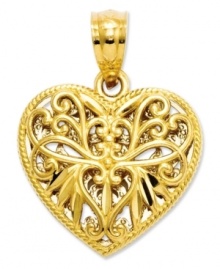 Whatever your fancy, this filigree charm has got you covered. Crafted in 14k gold and 14k white gold with a sparkling diamond accent, this reversible style will suit any mood. Chain not included. Approximate length: 7/10 inch. Approximate width: 3/5 inch. Whatever your fancy, this filigree charm has got you covered. Crafted in 14k gold and 14k white gold with a sparkling diamond accent, this reversible style will suit any mood. Chain not included. Approximate length: 7/10 inch. Approximate width: 3/5 inch.