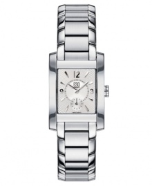 Uncommon elegance. This ESQ by Movado watch features a stainless steel bracelet and rectangular case. Silvertone Guilloché dial with logo, subdial and Roman numerals at 12, 3 and 9 o'clock paired with silvertone stick indexes. Two hands. Quartz movement. Water resistant to 30 meters. Two-year limited warranty. Uncommon elegance. This ESQ by Movado watch features a stainless steel bracelet and rectangular case. Silvertone Guilloché dial with logo, subdial and Roman numerals at 12, 3 and 9 o'clock paired with silvertone stick indexes. Two hands. Quartz movement. Water resistant to 30 meters. Two-year limited warranty.