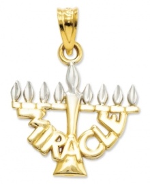 Celebrate the season with this festive charm. Crafted in 14k gold and sterling silver, this intricate menorah features the word Miracle written across the front. Chain not included. Approximate length: 8/10 inch. Approximate width: 7/10 inch.