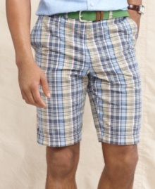 Get some prep in that summer step with these classic plaid patterned shorts from Tommy Hilfiger. Get some prep in that summer step with these classic plaid patterned shorts from Tommy Hilfiger.