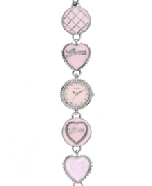 A pure charmer, this GUESS logo bracelet features heart detail and shimmering crystal accents. A pure charmer, this GUESS logo bracelet features heart detail and shimmering crystal accents.