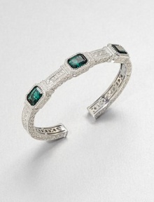 Three cushion-cut green quartz stones set in intricately textured sterling silver. Green quartzSterling silverDiameter, about 2.3Hinged closureImported Three cushion-cut green quartz stones set in intricately textured sterling silver. Green quartzSterling silverDiameter, about 2.3Hinged closureImported