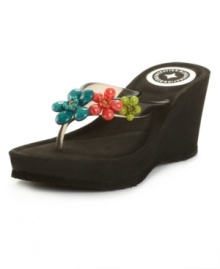 Heighten your happiness with the Stephie flip flops by BCBGeneration. Beaded flowers adorn the straps of these chunky, must-have wedges. Heighten your happiness with the Stephie flip flops by BCBGeneration. Beaded flowers adorn the straps of these chunky, must-have wedges.