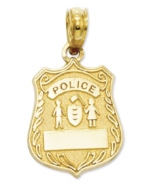 Honor those who serve and protect. This polished 14k gold charm features a police badge with engraving. Chain not included. Approximate length: 4/5 inch. Approximate width: 1/2 inch. Honor those who serve and protect. This polished 14k gold charm features a police badge with engraving. Chain not included. Approximate length: 4/5 inch. Approximate width: 1/2 inch.