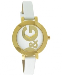 Sleek, modern and always in style. This D&G watch features a slender white leather strap and round goldtone stainless steel case. White dial with goldtone logo. Analog movement. Water resistant to 30 meters. Two-year limited warranty. Sleek, modern and always in style. This D&G watch features a slender white leather strap and round goldtone stainless steel case. White dial with goldtone logo. Analog movement. Water resistant to 30 meters. Two-year limited warranty.