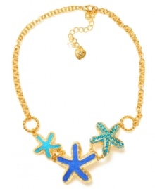 Dive deep for funky style. This Betsey Johnson frontal necklace features turquoise and blue starfish pendants accented with crystals. Crafted in gold tone mixed metal. Approximate length: 16 inches + 3-inch extender. Approximate drop: 1-1/2 inches. Dive deep for funky style. This Betsey Johnson frontal necklace features turquoise and blue starfish pendants accented with crystals. Crafted in gold tone mixed metal. Approximate length: 16 inches + 3-inch extender. Approximate drop: 1-1/2 inches.