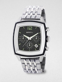 From the Orchestra collection, this stainless steel watch features a trio of chronograph sub-dials and a black leather insert for a timeless look.Chronograph movementWater-resistant to 5ATMRectangular stainless steel case: 42mm diameter(1.63)Leather-accented bezelBar markerDate display between 4 and 5 o'clockSecond handStainless steel braceletImported From the Orchestra collection, this stainless steel watch features a trio of chronograph sub-dials and a black leather insert for a timeless look.Chronograph movementWater-resistant to 5ATMRectangular stainless steel case: 42mm diameter(1.63)Leather-accented bezelBar markerDate display between 4 and 5 o'clockSecond handStainless steel braceletImported