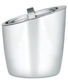 Keep drinks cool and guests refreshed with Gorham's contemporary ice bucket, featuring brilliant stainless steel with an angled lid. Includes tongs.