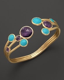 Faceted turquoise and amethyst bring bold color to this artfully shaped cuff from the Jaipur Resort collection by Marco Bicego. Faceted turquoise and amethyst bring bold color to this artfully shaped cuff from the Jaipur Resort collection by Marco Bicego.