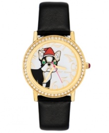 The perfect holiday accessory in an adorable package, by Betsey Johnson. Watch crafted of black leather strap and round gold tone mixed metal case. Bezel embellished with crystal accents. White dial features glittery Santa dog graphic with crystal accents, gold tone numerals, gold tone hour and minute hands, signature fuchsia second hand and logo. Quartz movement. Water resistant to 30 meters. Two-year limited warranty. The perfect holiday accessory in an adorable package, by Betsey Johnson. Watch crafted of black leather strap and round gold tone mixed metal case. Bezel embellished with crystal accents. White dial features glittery Santa dog graphic with crystal accents, gold tone numerals, gold tone hour and minute hands, signature fuchsia second hand and logo. Quartz movement. Water resistant to 30 meters. Two-year limited warranty.