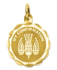 The perfect First Confirmation gift, this commemorative charm will be a symbolic addition to his/her collection. Crafted in 14k gold. Chain not included. Approximate length: 9/10 inch. Approximate width: 3/5 inch.