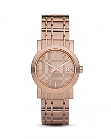 Adorn your wrist with this gorgeous, gleaming rose gold tone watch from Burberry. A subtle, signature check design lends added dimension to the dial. Adorn your wrist with this gorgeous, gleaming rose gold tone watch from Burberry. A subtle, signature check design lends added dimension to the dial.