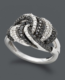 A not-so-subtle knot stands out in contrasting sparkle. Wrapped in Love(tm) zebra-inspired knot ring features alternating rows of round-cut white diamonds (5/8 ct. t.w.) and black diamonds (1/10 ct. t.w.). Set in sterling silver. Size 7. A not-so-subtle knot stands out in contrasting sparkle. Wrapped in Love(tm) zebra-inspired knot ring features alternating rows of round-cut white diamonds (5/8 ct. t.w.) and black diamonds (1/10 ct. t.w.). Set in sterling silver. Size 7.