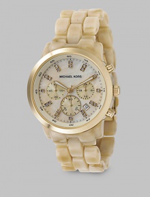 Horn design adds elegance to a chronograph style with shiny gold IP accents, bringing true luxury just a little bit closer to your wrist. Japanese analog movement Waterproof up to 5 ATM 40mm case with IP (ionic plating) gold elements Light champagne mother-of-pearl dial Three chronograph sub dials Round face Stone double indexes Second hand Acrylic horn bracelet Imported Horn design adds elegance to a chronograph style with shiny gold IP accents, bringing true luxury just a little bit closer to your wrist. Japanese analog movement Waterproof up to 5 ATM 40mm case with IP (ionic plating) gold elements Light champagne mother-of-pearl dial Three chronograph sub dials Round face Stone double indexes Second hand Acrylic horn bracelet Imported