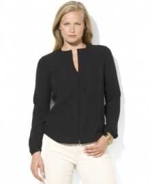 Lauren Ralph Lauren's long-sleeved plus size blouse in a breezy silhouette is accented with a flirty keyhole opening at the front and finished with a hidden placket for a modern update to a wardrobe must-have. Lauren Ralph Lauren's long-sleeved plus size blouse in a breezy silhouette is accented with a flirty keyhole opening at the front and finished with a hidden placket for a modern update to a wardrobe must-have.