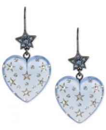 Make a heartfelt style statement with this pair of earrings from Betsey Johnson. Crafted from hematite-tone mixed metal, the earrings end at a lucite heart with a starry stop along the way. Approximate drop: 2 inches. Make a heartfelt style statement with this pair of earrings from Betsey Johnson. Crafted from hematite-tone mixed metal, the earrings end at a lucite heart with a starry stop along the way. Approximate drop: 2 inches.