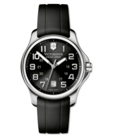 Get back to basics with this top-quality watch by Victorinox Swiss Army. The Officer's watch features a black runner strap and round stainless steel case. Black dial with logo, silvertone numerals, anti-reflective sapphire crystal, low battery indicator and date window. Swiss made. Swiss movement. Water resistant to 100 meters. Three-year limited warranty.