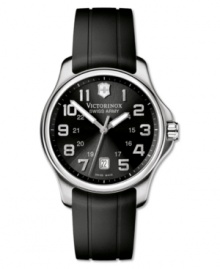 Get back to basics with this top-quality watch by Victorinox Swiss Army. The Officer's watch features a black runner strap and round stainless steel case. Black dial with logo, silvertone numerals, anti-reflective sapphire crystal, low battery indicator and date window. Swiss made. Swiss movement. Water resistant to 100 meters. Three-year limited warranty. Get back to basics with this top-quality watch by Victorinox Swiss Army. The Officer's watch features a black runner strap and round stainless steel case. Black dial with logo, silvertone numerals, anti-reflective sapphire crystal, low battery indicator and date window. Swiss made. Swiss movement. Water resistant to 100 meters. Three-year limited warranty.