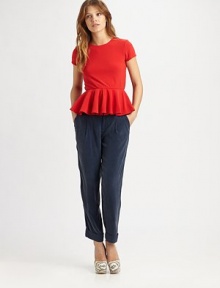 Top-fitted with a waist-defining peplum, the must-have silhouette of the season.JewelneckShort sleevesFitted bodiceCenter back zipperAbout 21 from shoulder to hem95% polyester/5% spandexDry cleanImportedModel shown is 5'8½ (174cm) wearing US size Small. Top-fitted with a waist-defining peplum, the must-have silhouette of the season.JewelneckShort sleevesFitted bodiceCenter back zipperAbout 21 from shoulder to hem95% polyester/5% spandexDry cleanImportedModel shown is 5'8½ (174cm) wearing US size Small.