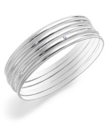 Shine on! Add an eye-catching element to your wardrobe with this stylish set of five bangle bracelets from Charter Club. Made in silver tone mixed metal, they'll look equally chic worn together or individually. Approximate diameter: 2-1/2 inches. Item comes packaged in a signature gift box. Shine on! Add an eye-catching element to your wardrobe with this stylish set of five bangle bracelets from Charter Club. Made in silver tone mixed metal, they'll look equally chic worn together or individually. Approximate diameter: 2-1/2 inches. Item comes packaged in a signature gift box.